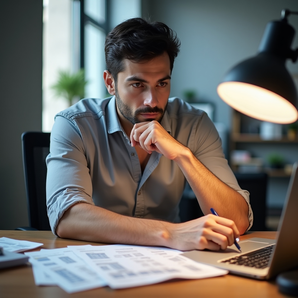 Предприниматель изучает финансовые документы за рабочим столом